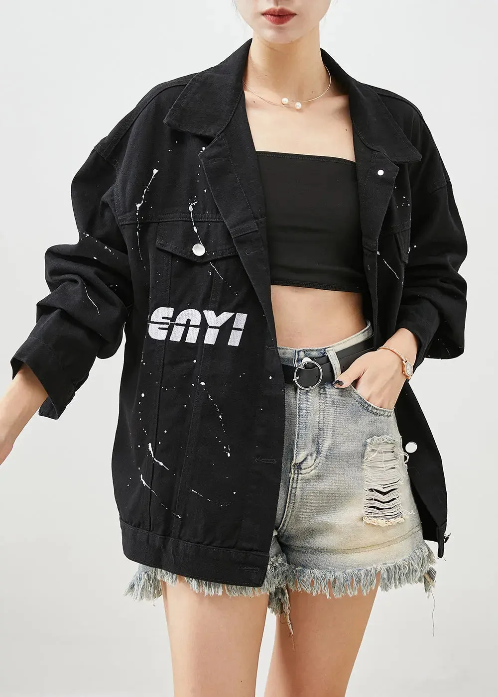 Art Black Oversized Letter Print Denim Jackets Fall ML0519