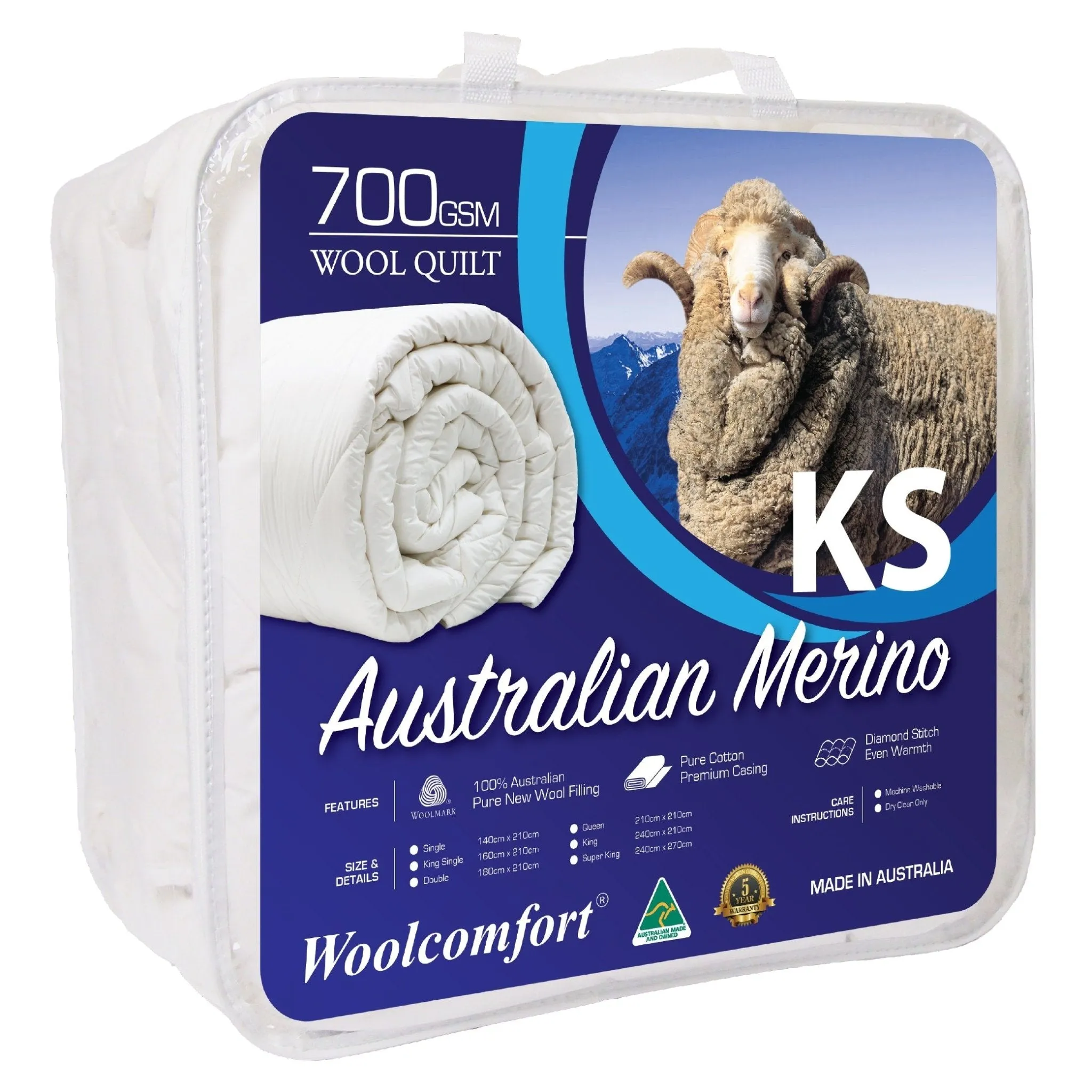 Australian Made Merino Wool Quilt 700GSM 160x210cm King Single Size