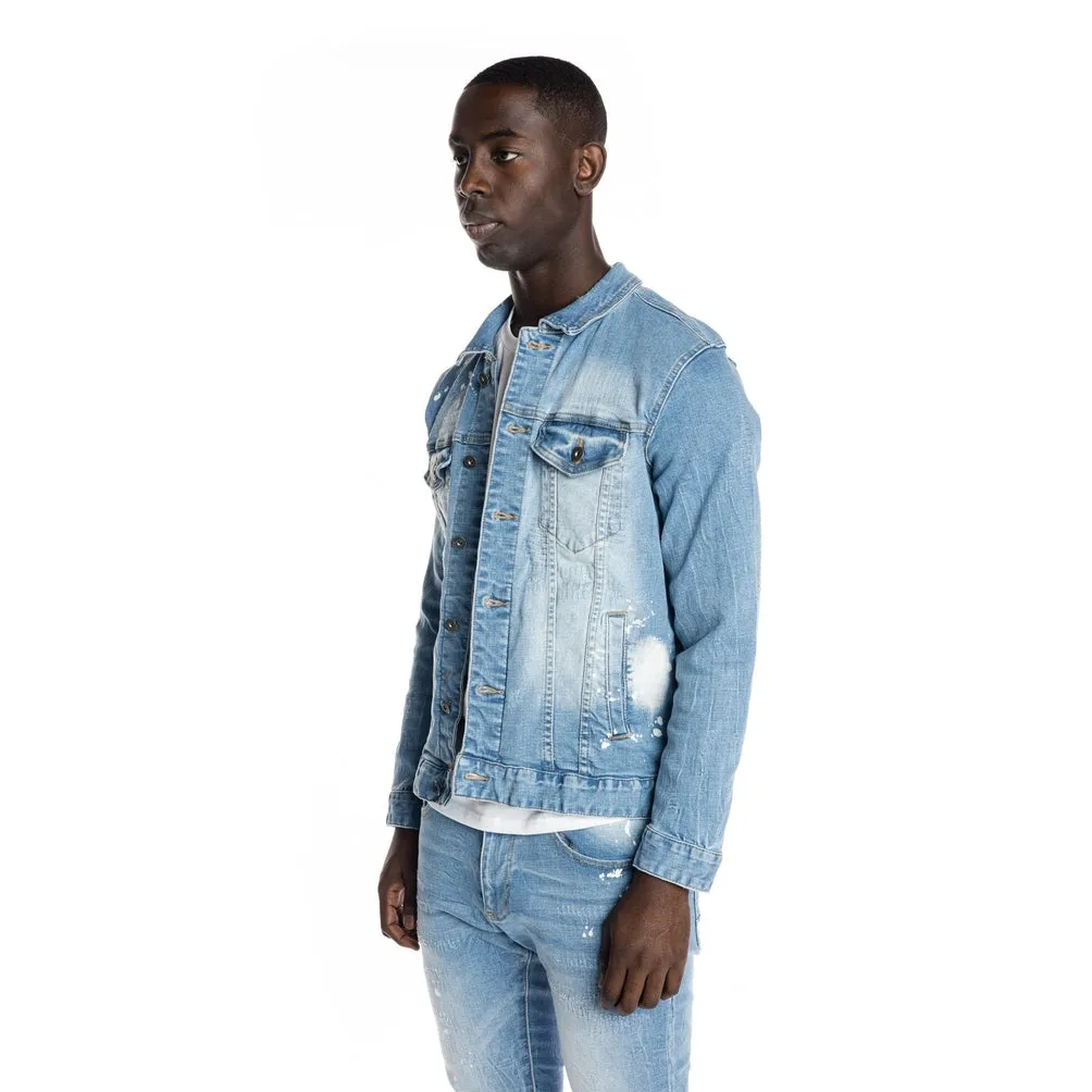 Bleached Detail Semi Basic Jean Jacket - Ocean Blue