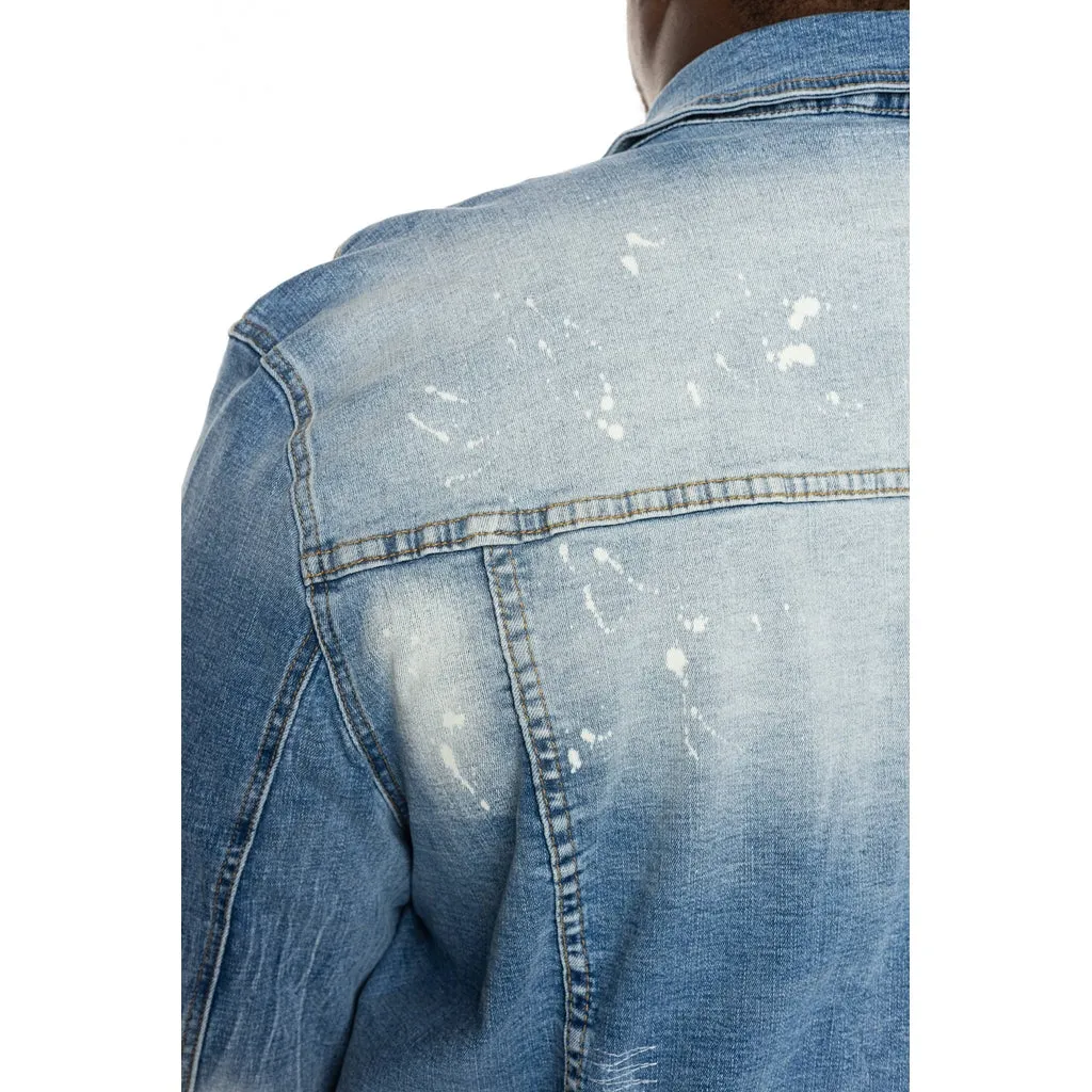 Bleached Detail Semi Basic Jean Jacket - Ocean Blue