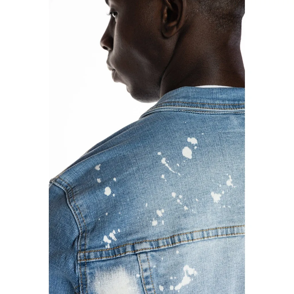 Bleached Detail Semi Basic Jean Jacket - Ocean Blue