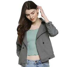 Campus Sutra Women’s Grey Dry-Washed Denim Cotton Jacket Regular Fit For Casual Wear | Collared Neck | Double-Breasted | Stylish Jacket Crafted With Comfort Fit & High Performance For Everyday Wear