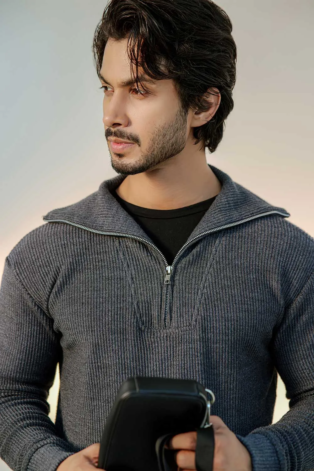 Charcoal Fisherman Knit Zip Neck Jumper