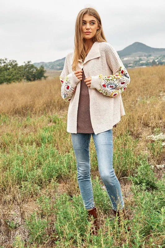 Crochet Floral Printed Long Sleeve Knit Cardigan *Online Only*