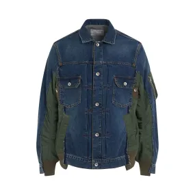 Denim x Nylon Twill Bomber Jacket in Blue