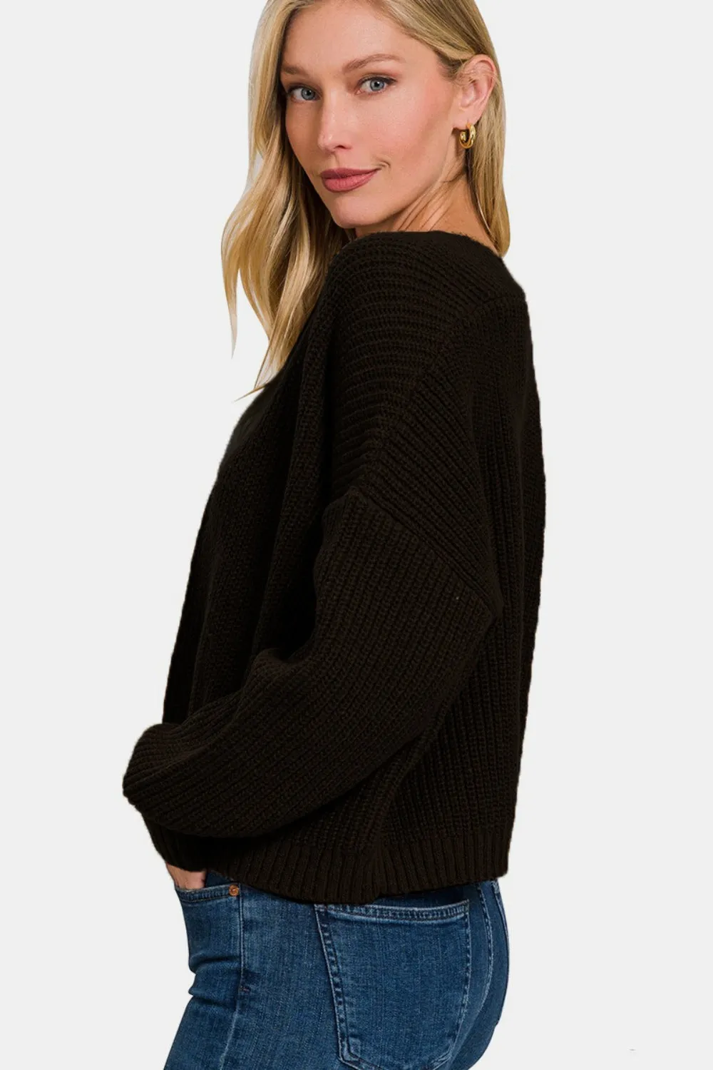 Denise Black Open Front Drop Shoulder Sweater Cardigan