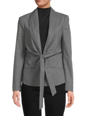 Donna Karan Tie Front Check Blazer, Gray