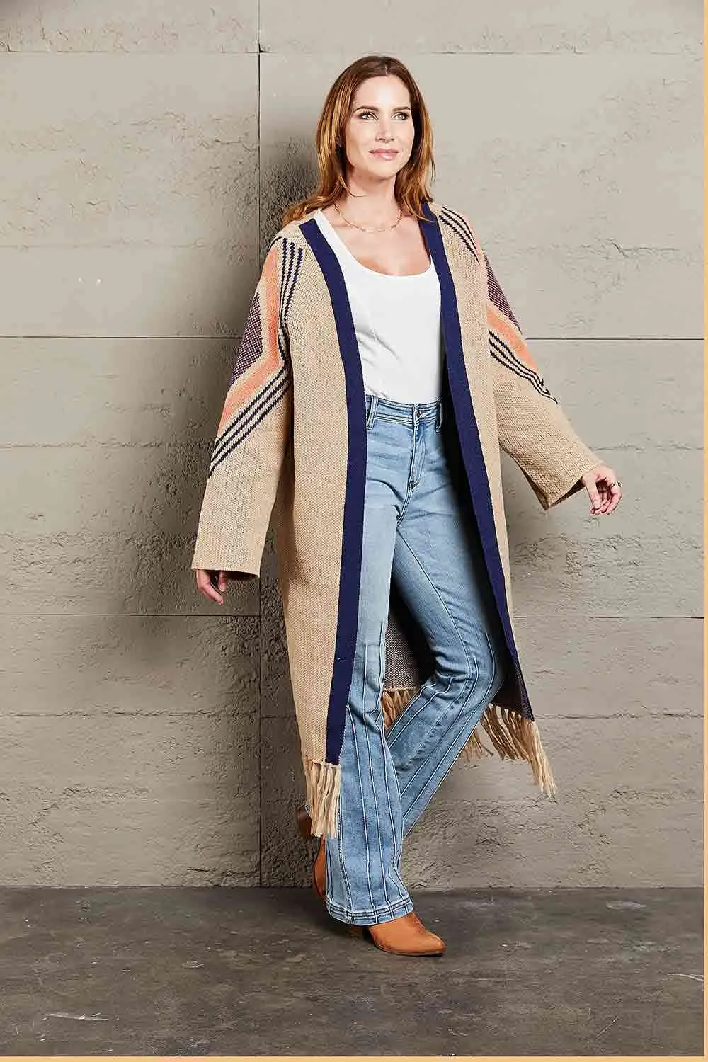 Double Take Geometric Fringe Hem Open Front Duster Cardigan