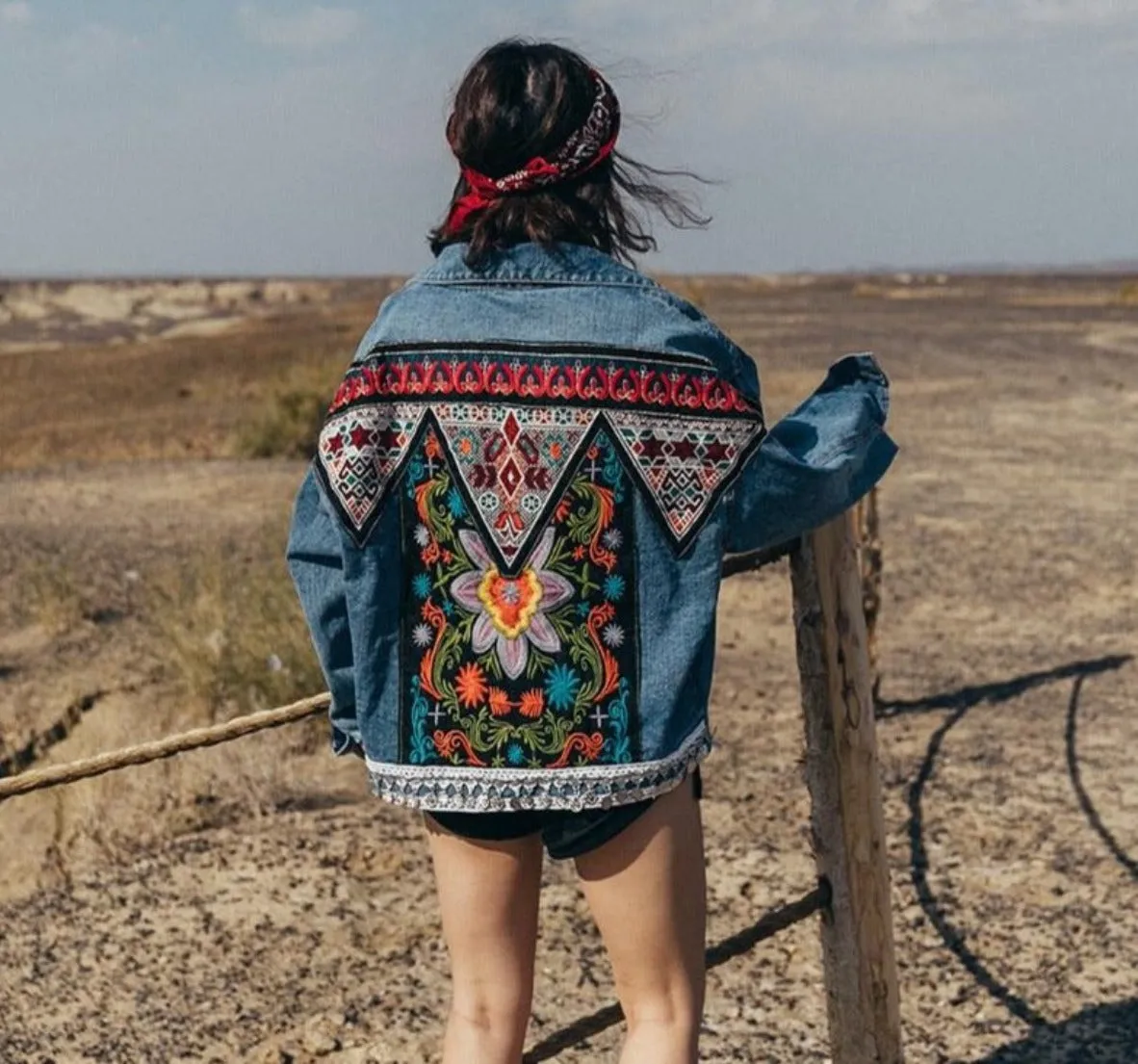 Embroidered Oversized Light Blue Denim Jacket