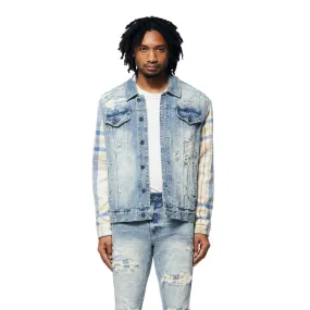 Embroidered Plaid Backed Jean Jacket - Lowell Blue