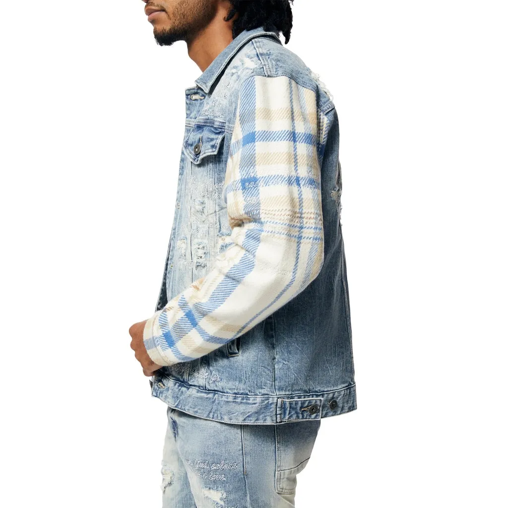 Embroidered Plaid Backed Jean Jacket - Lowell Blue