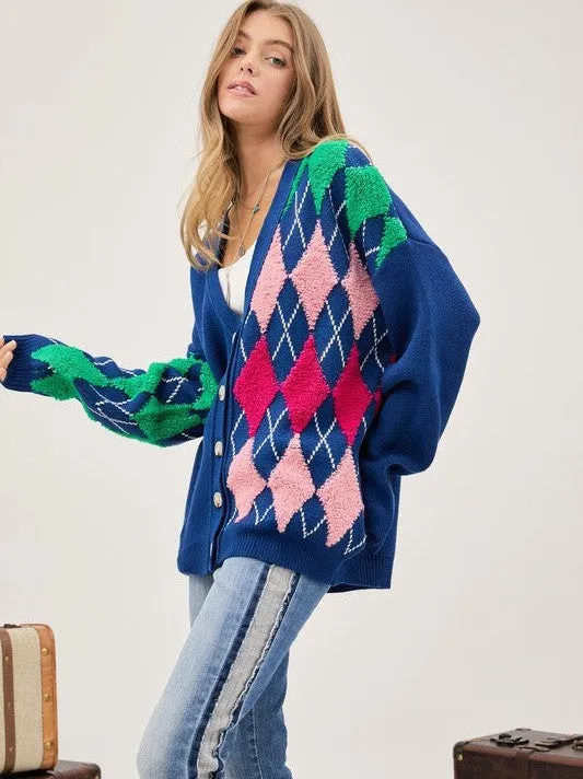 Express Your Style Argyle Button Front Loose Fit Knit Cardigan