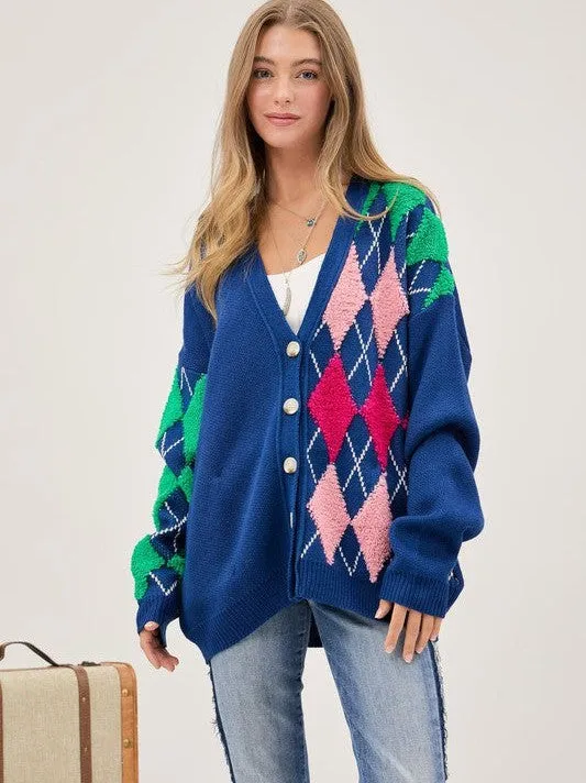 Express Your Style Argyle Button Front Loose Fit Knit Cardigan