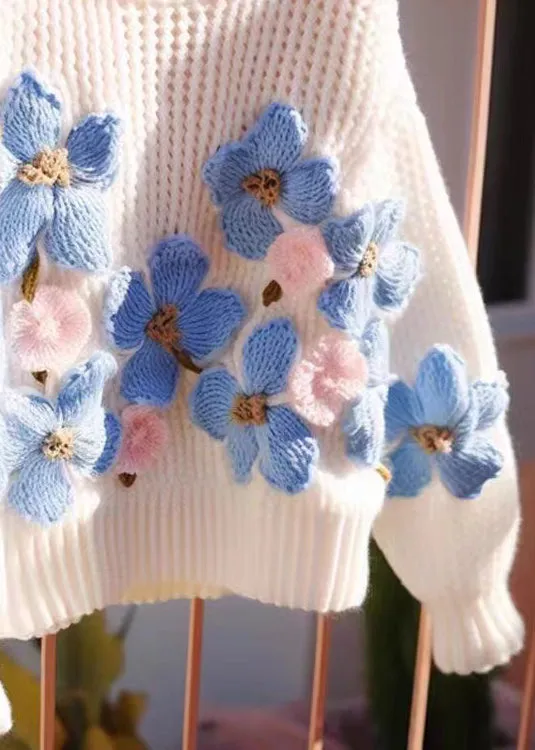 Floral Blue O Neck Hollow Out Cozy Knit Sweaters Fall QG018