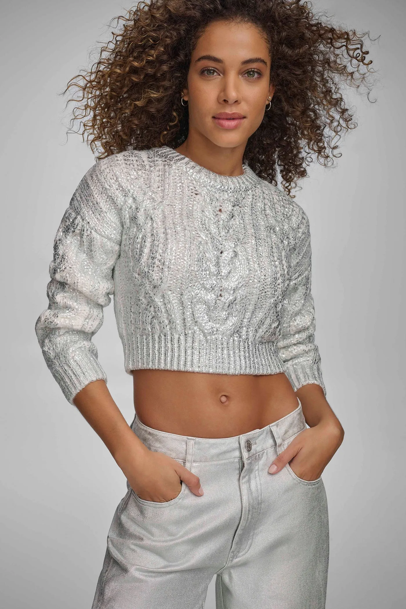 FOIL PRINT CHUNKY CABLE SWEATER