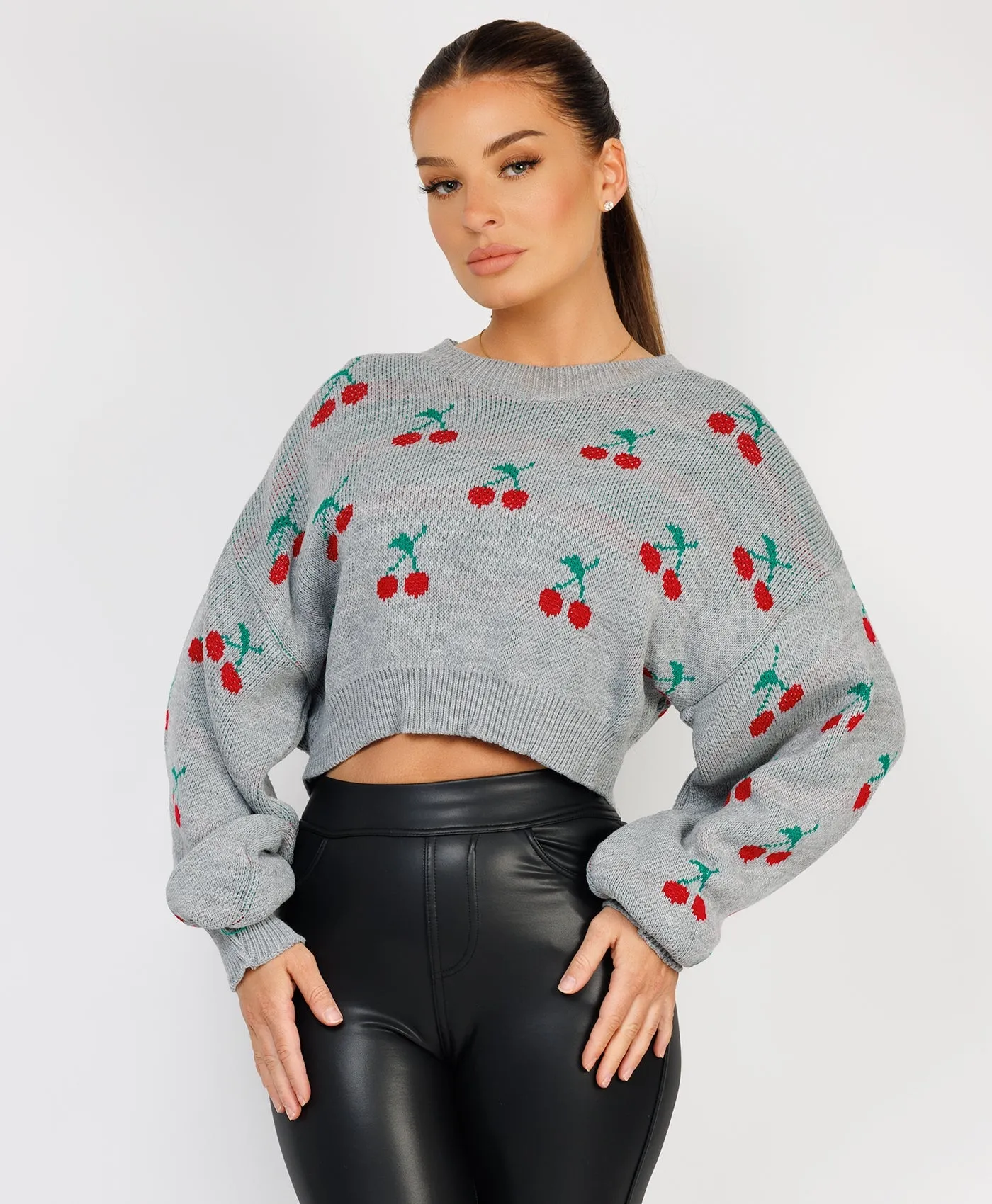 Grey Cherry Detail Oversized Cropped Knitted Jumper