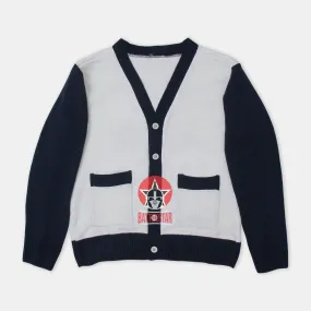 Handmade Unisex Jacquard Knitted White & Navy-Blue Cardigan School College Graduation Greek Sweater