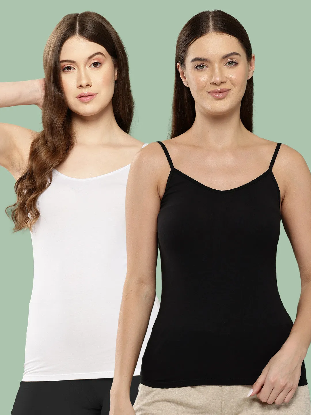 Leading Lady Women’s Solid V Neck Sleeveless Cotton Camisole Regular Fit Tank Top (Pack of 2) [ LYC-01-2 ]