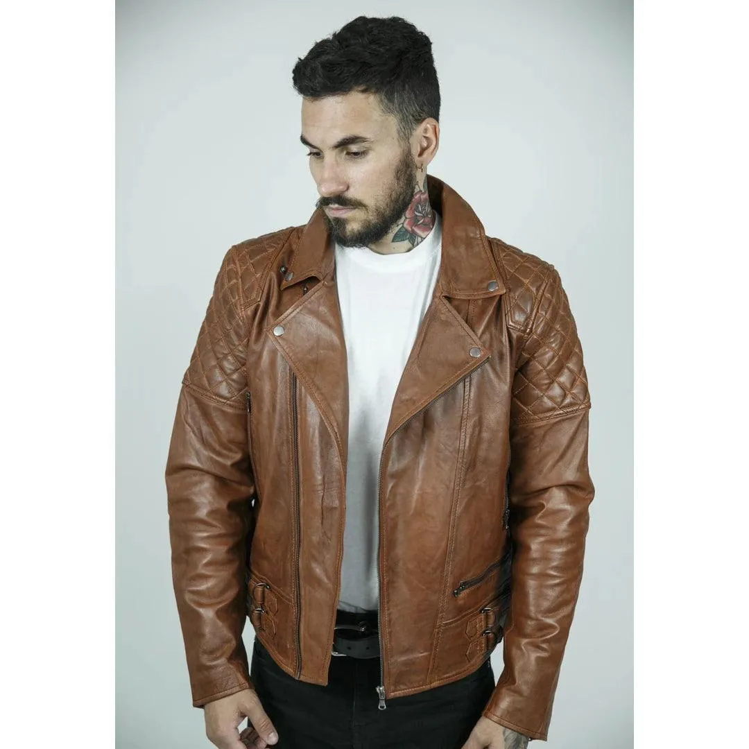 Mens Slim Fit Cross Zip Retro Vintage Brown Biker Punk Rock Real Leather Jacket