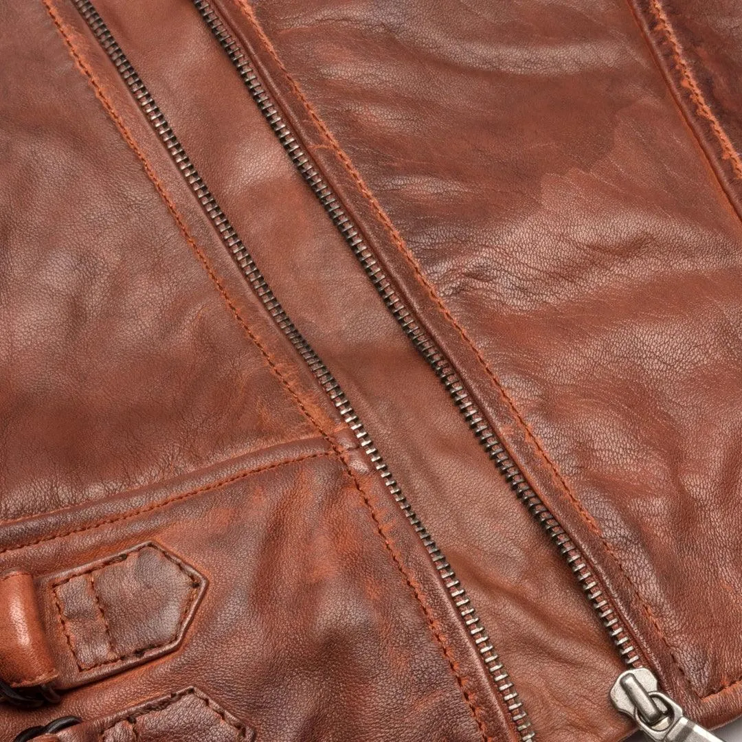 Mens Slim Fit Cross Zip Retro Vintage Brown Biker Punk Rock Real Leather Jacket