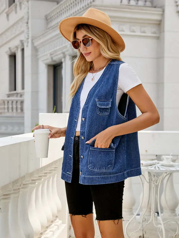 New Denim Vest Multi-Pocket Personality Washable Vest for Women