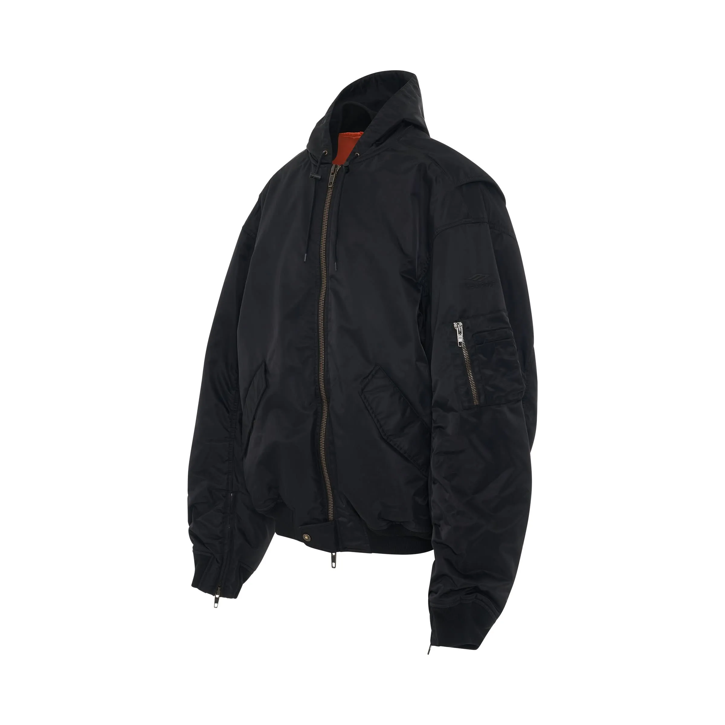 Nylon Light Bomber Jacket with Hood in Black