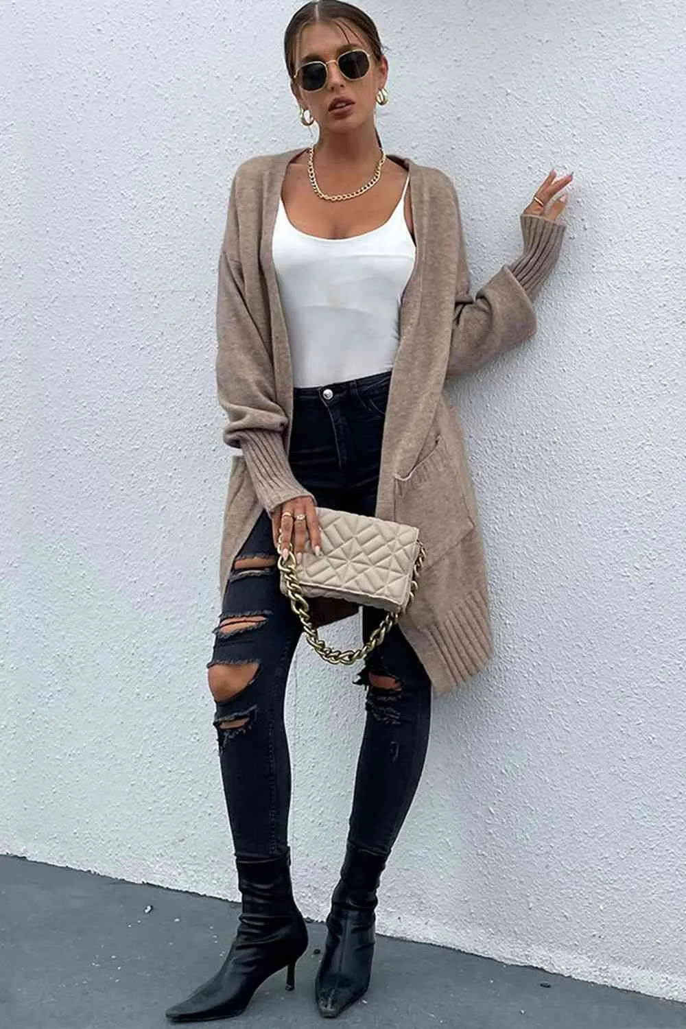 Open Front Dropped Shoulder Pocketed Cardigan