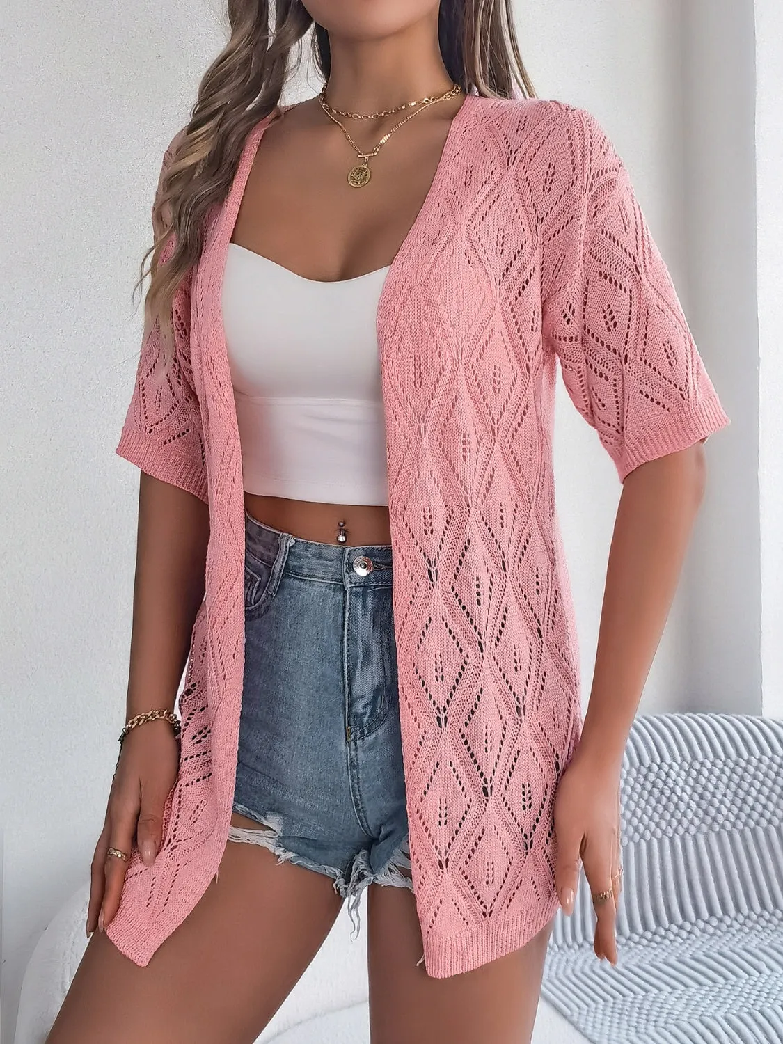 Openwork Open Front Half Sleeve Cardigan