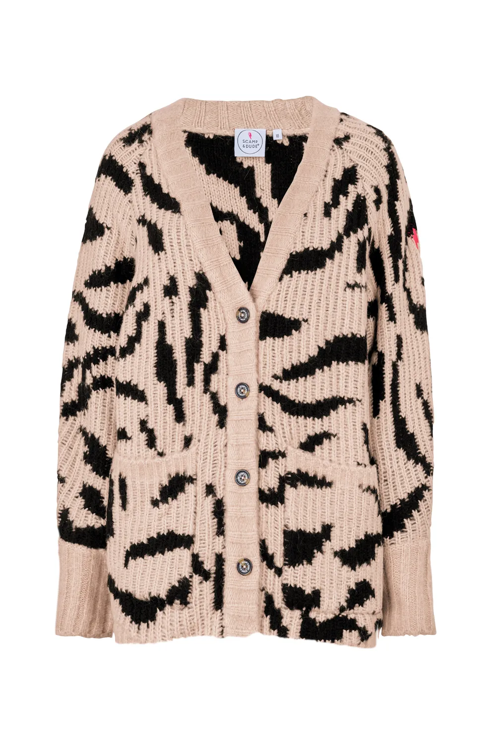 Black and Pale Peach Zebra-Print Chunky Ribbed Cardigan