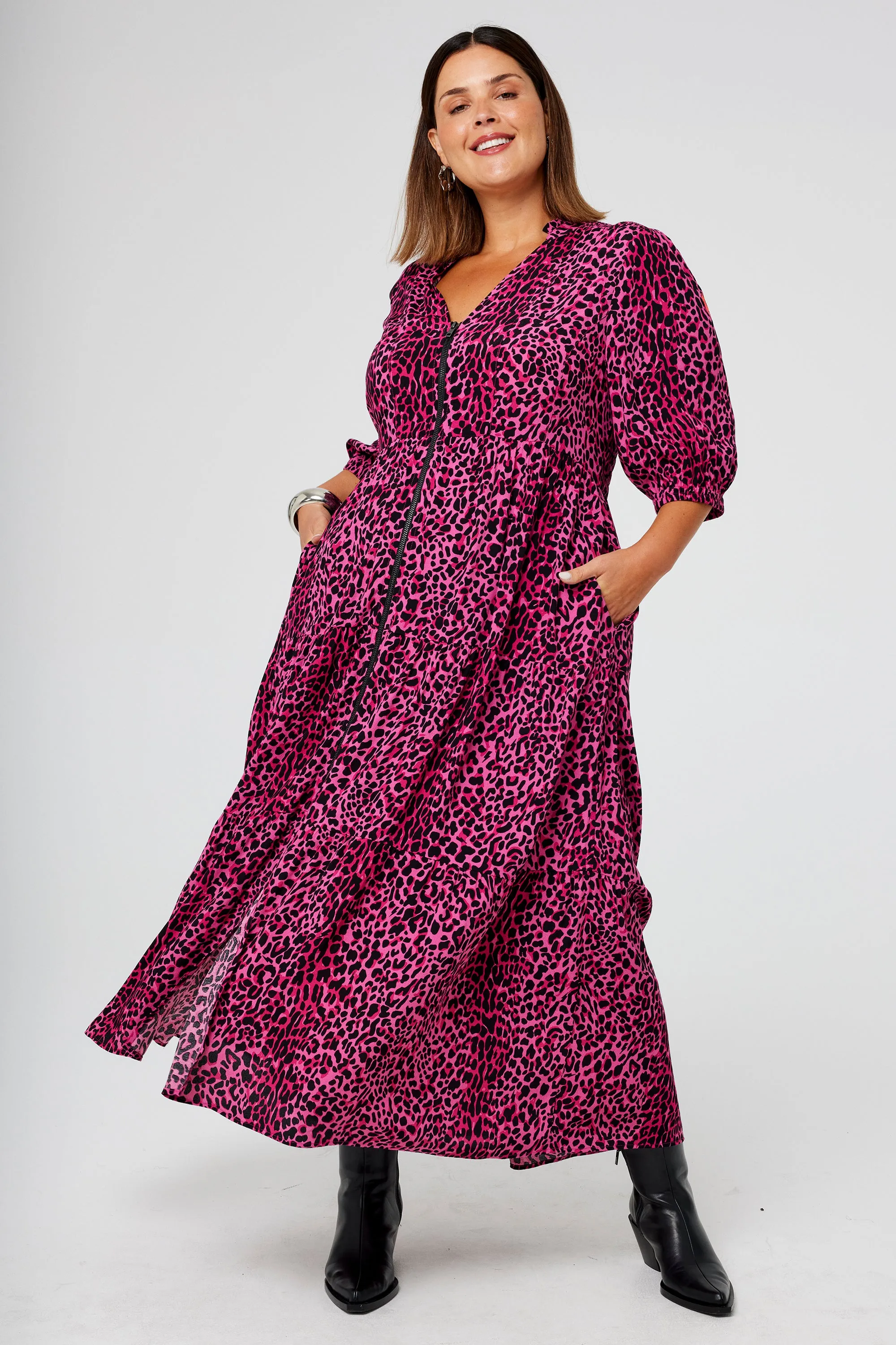 Pink with Black Wild Leopard Zip Detail Tiered Midi Dress