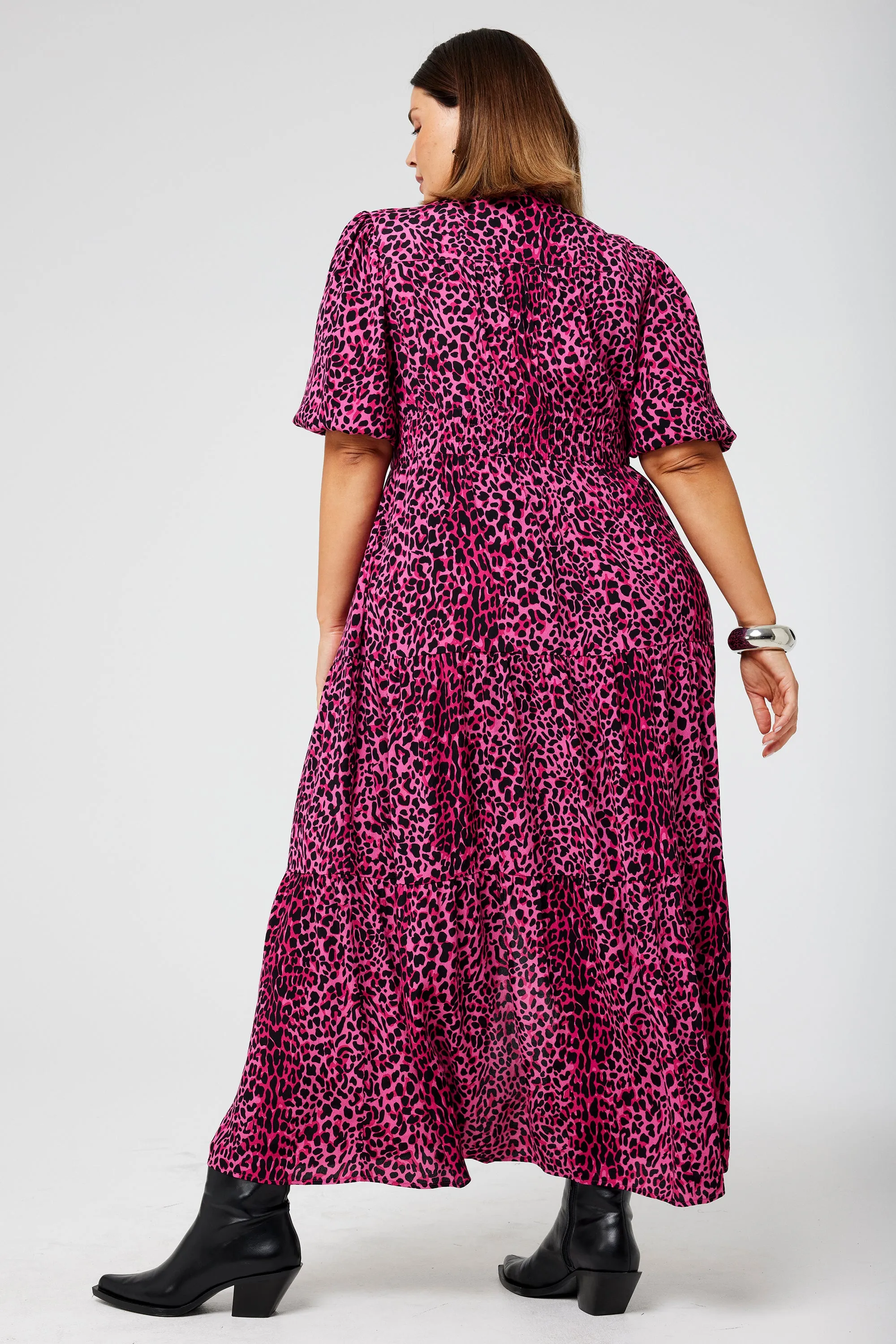 Pink with Black Wild Leopard Zip Detail Tiered Midi Dress