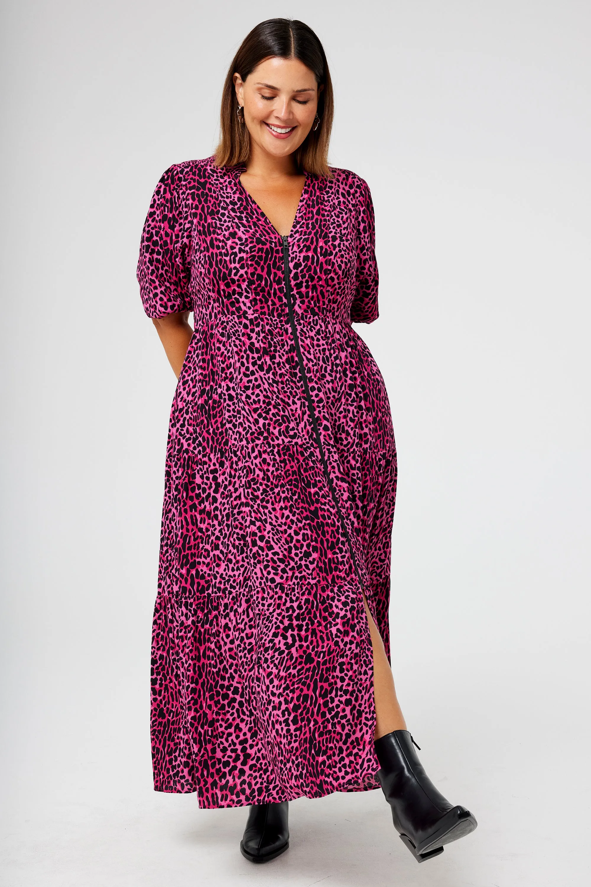 Pink with Black Wild Leopard Zip Detail Tiered Midi Dress