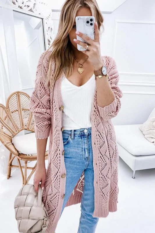 Plus Eyelet sweater button  crochet knit cardigan