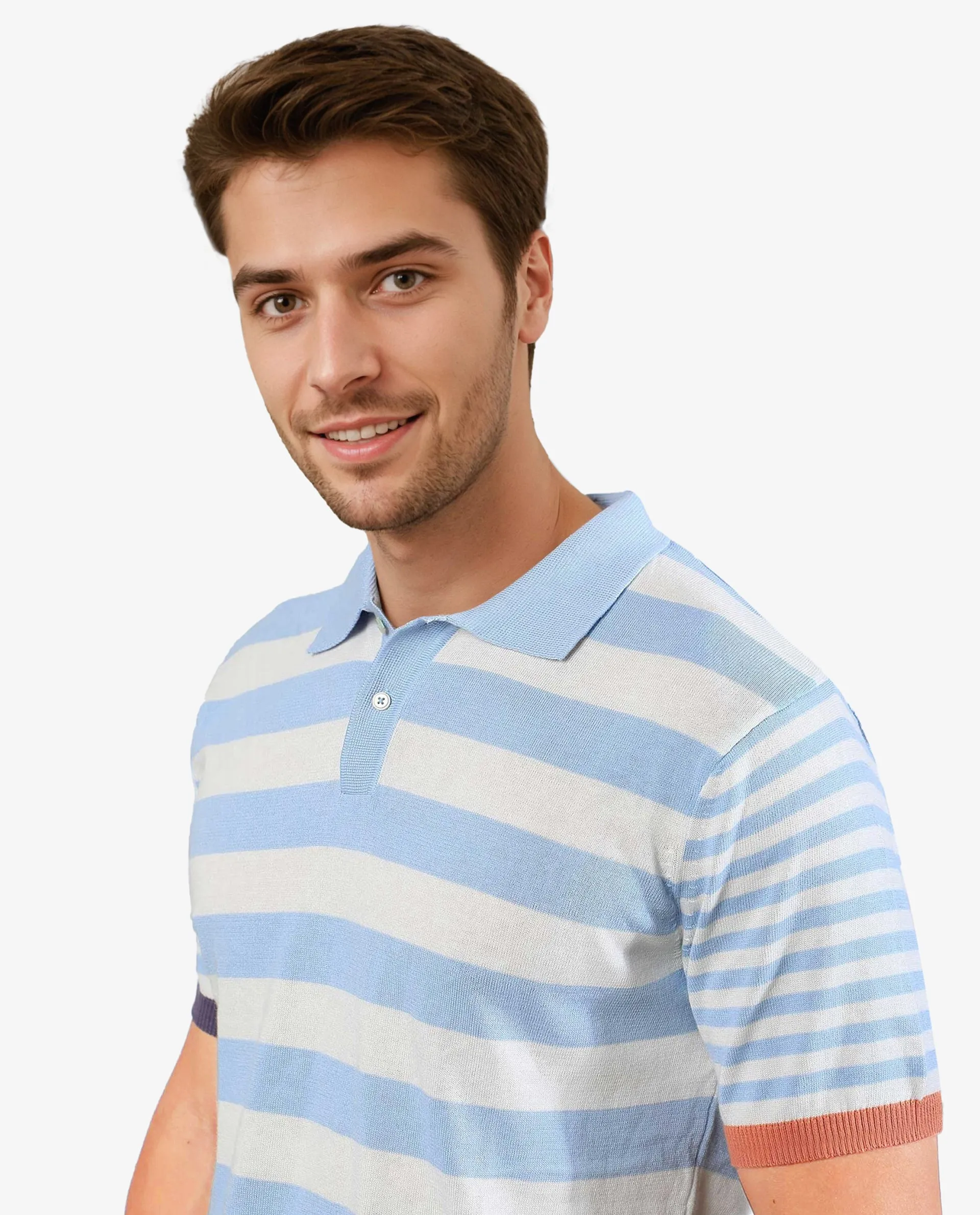 Rare Rabbit Men's Paulos Blue Cotton Fabric Collared Neck Striped Half Sleeve Polo T-Shirt