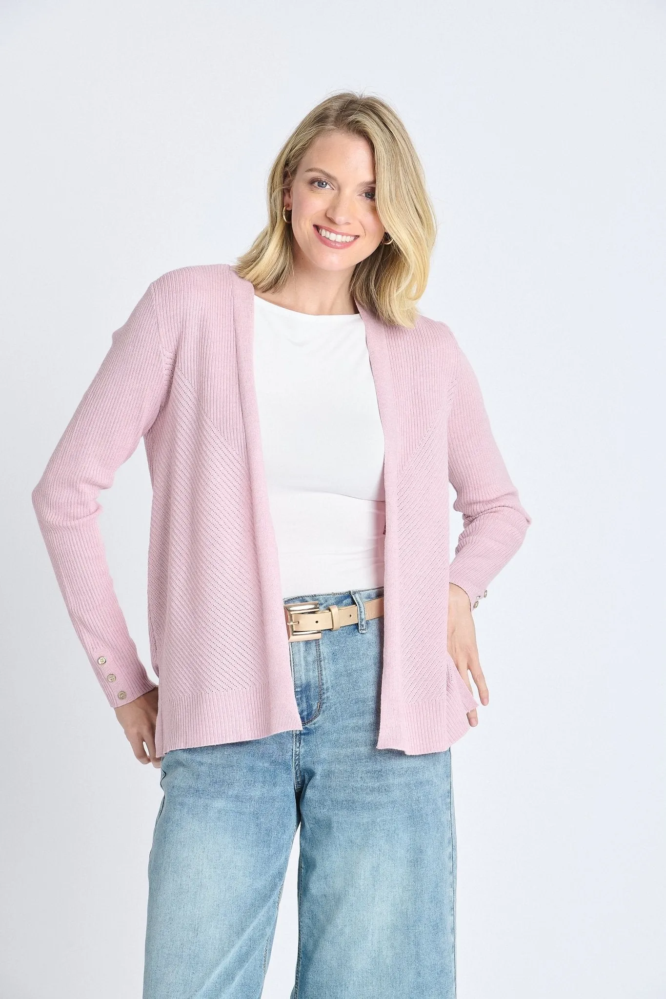 Rib Stitch Open Cardigan Sweater Pink Salt