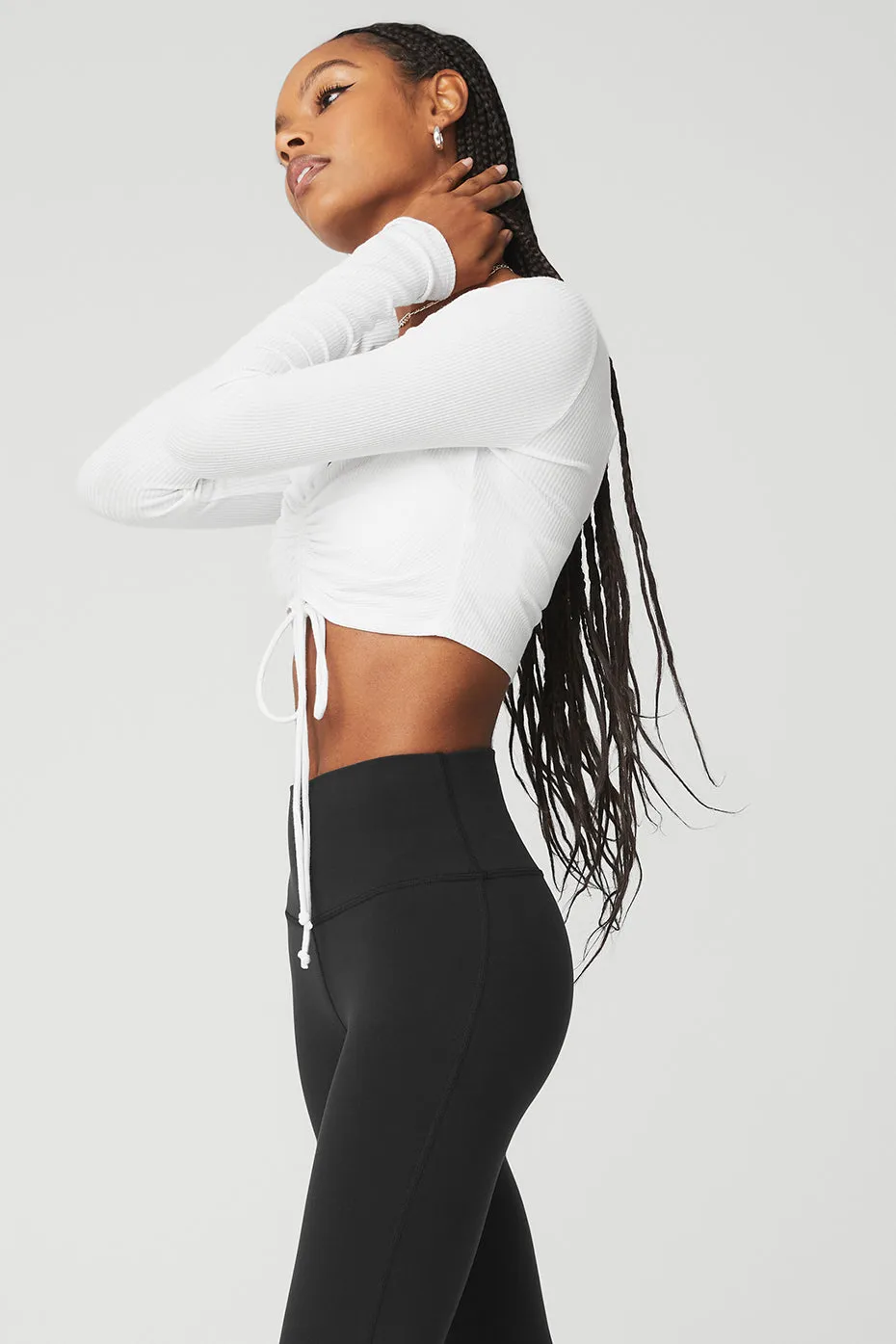 Ribbed Cinch Cropped Long Sleeve - White