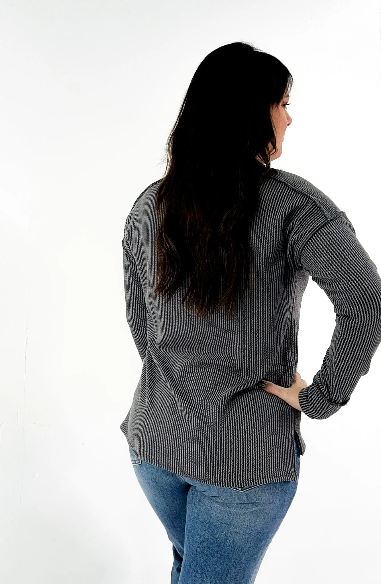 Ribbed Exposed Stitch Long Sleeve Top