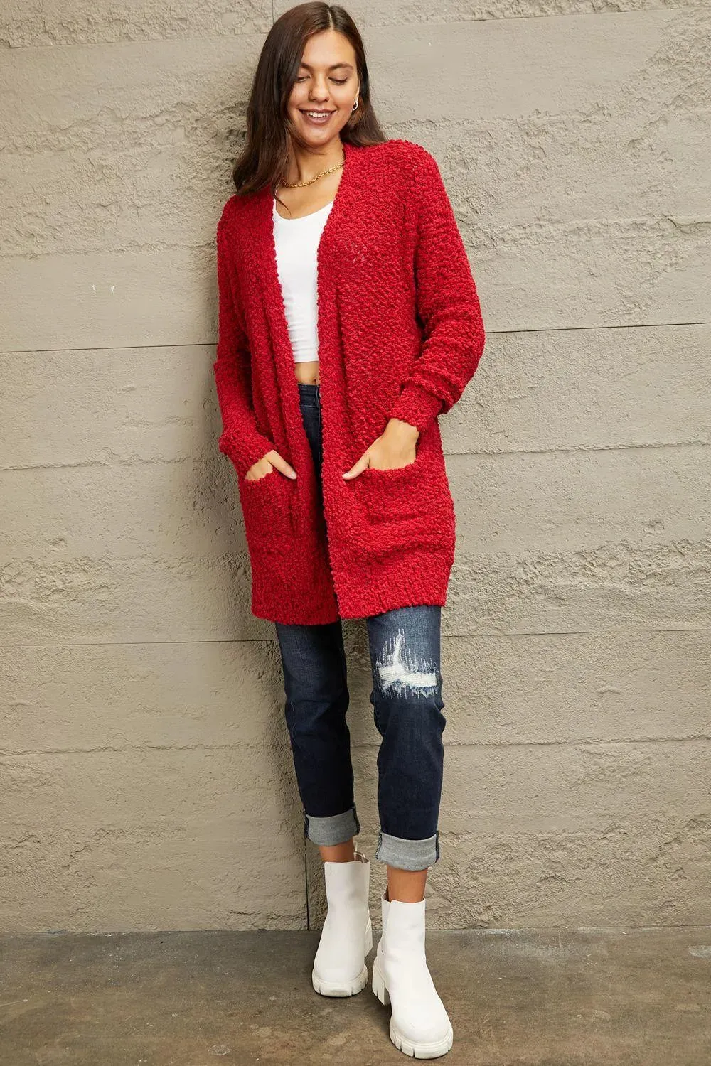 Shop the Perfect Layering Piece: Open-front Popcorn Red Cardigan for Women