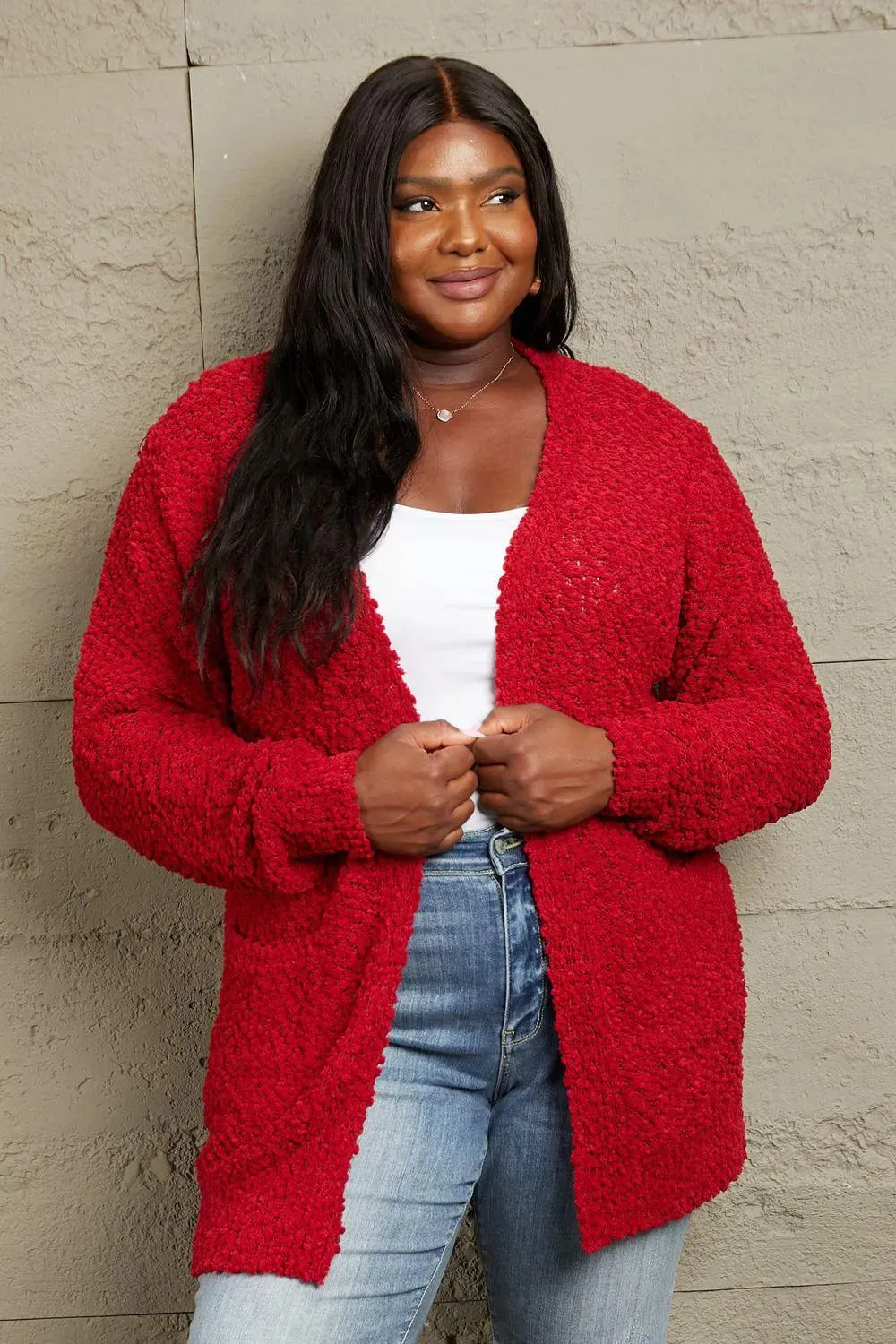 Shop the Perfect Layering Piece: Open-front Popcorn Red Cardigan for Women