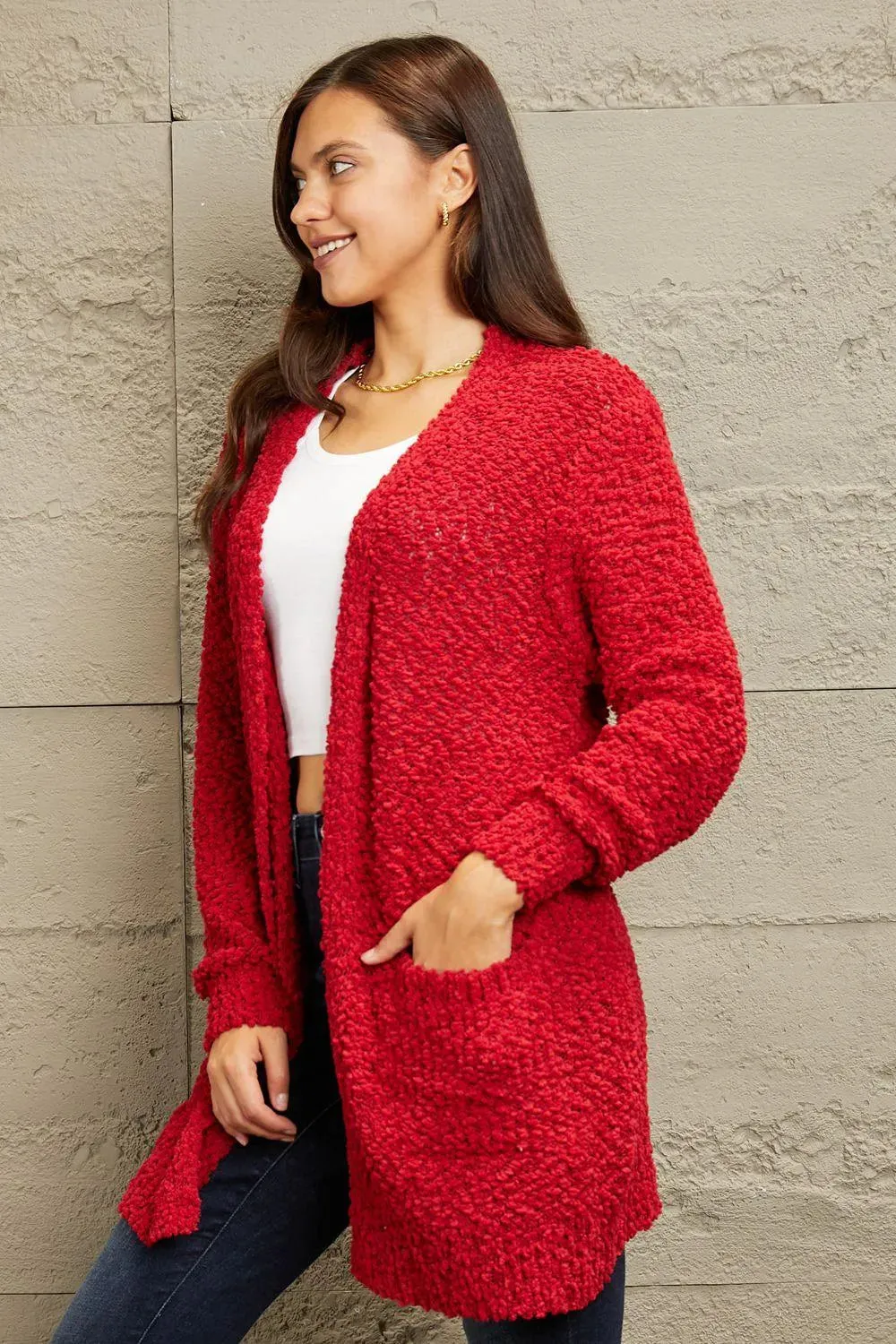 Shop the Perfect Layering Piece: Open-front Popcorn Red Cardigan for Women