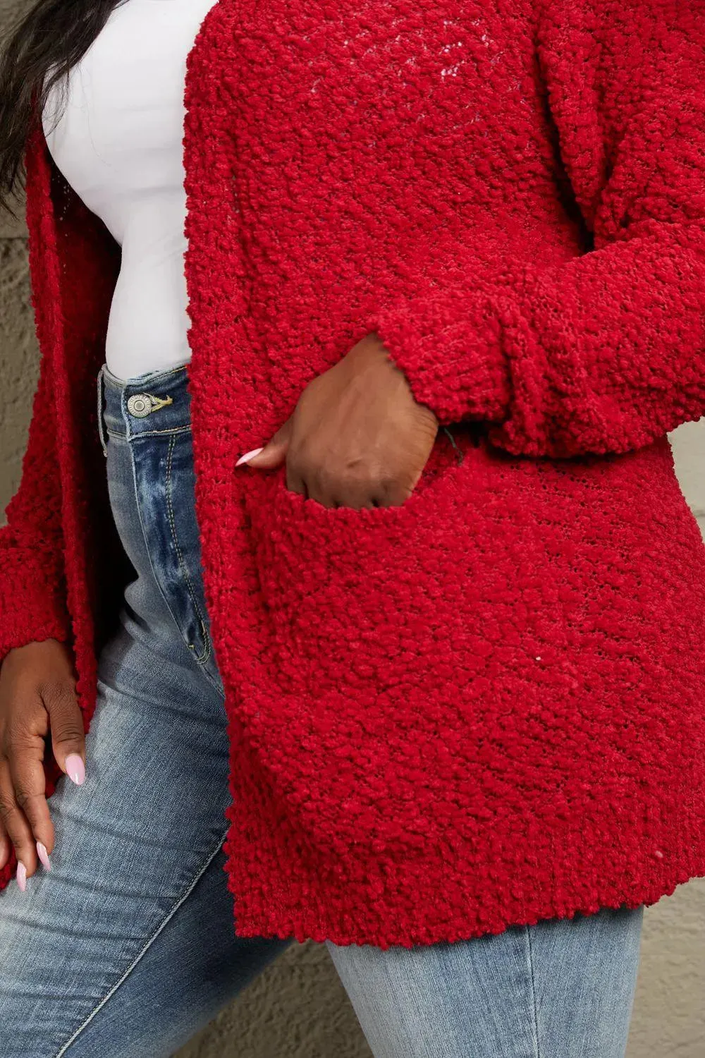 Shop the Perfect Layering Piece: Open-front Popcorn Red Cardigan for Women