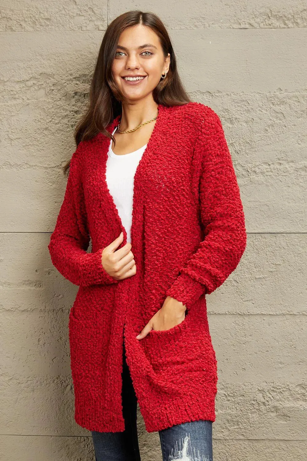 Shop the Perfect Layering Piece: Open-front Popcorn Red Cardigan for Women