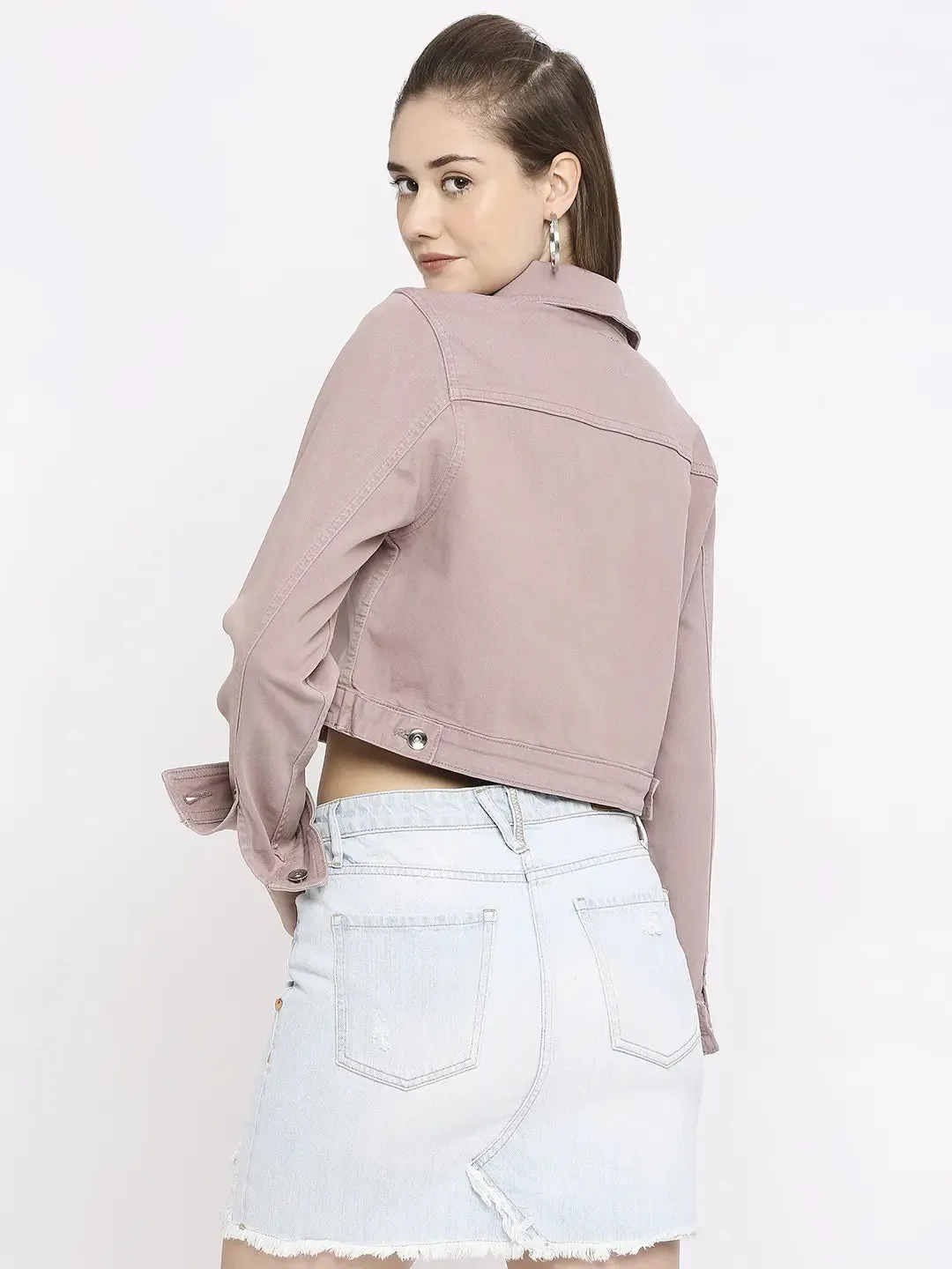 Spykar Women Pink Lycra Regular Fit Crop Denim Jacket