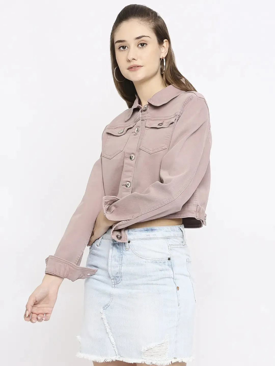 Spykar Women Pink Lycra Regular Fit Crop Denim Jacket