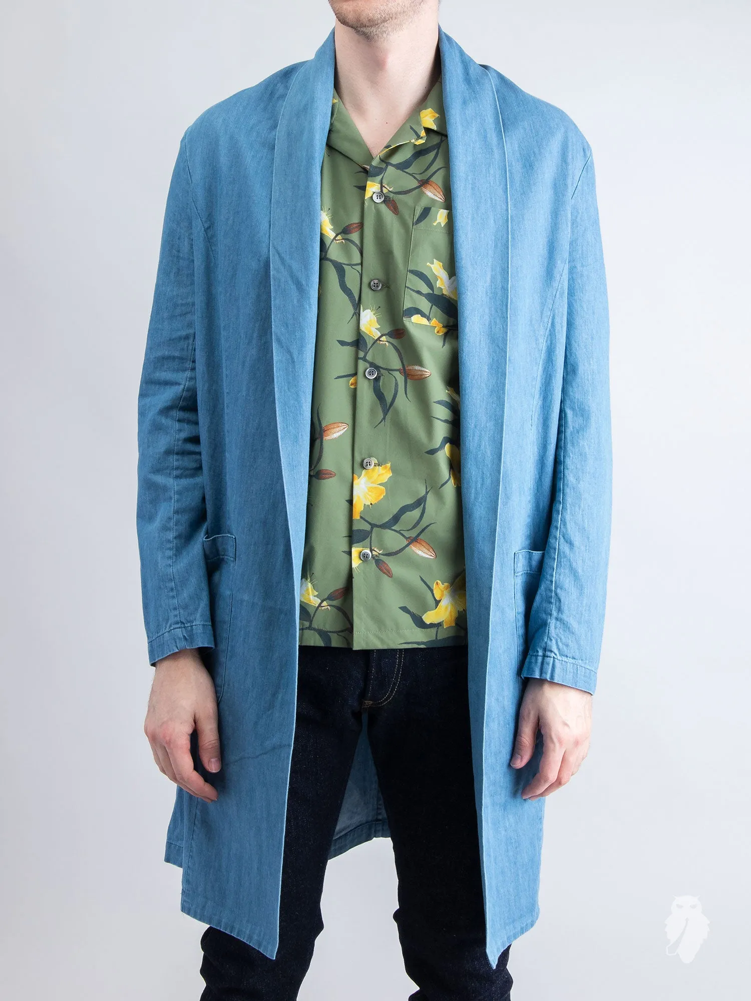 Stole Collar Long Cardigan in Lightweight Denim