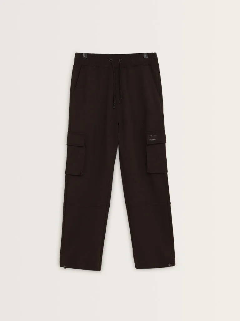 Studiofit Brown Cargo-Style Mid-Rise Relaxed-Fit Pants