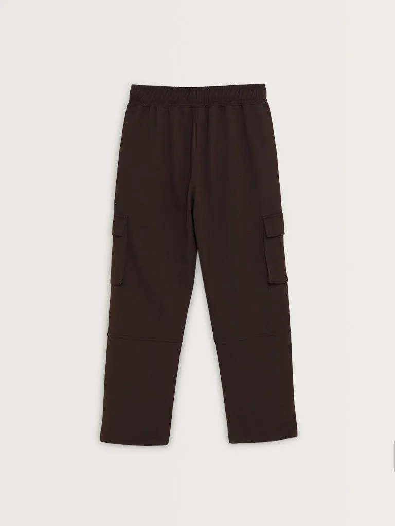 Studiofit Brown Cargo-Style Mid-Rise Relaxed-Fit Pants