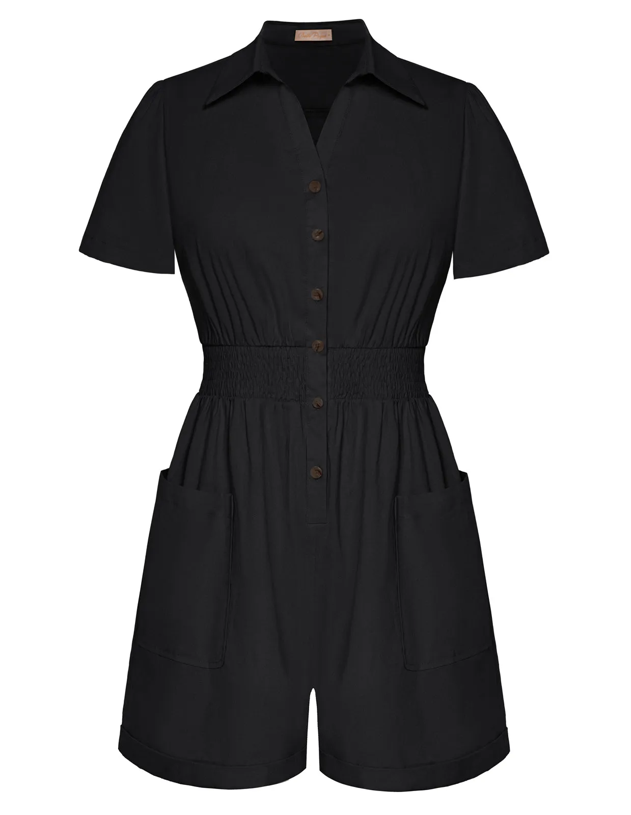 Summer Short Sleeve Rompers for Women Elastic Wasit Button Down Cotton Cargo Jumpsuits with Pockets