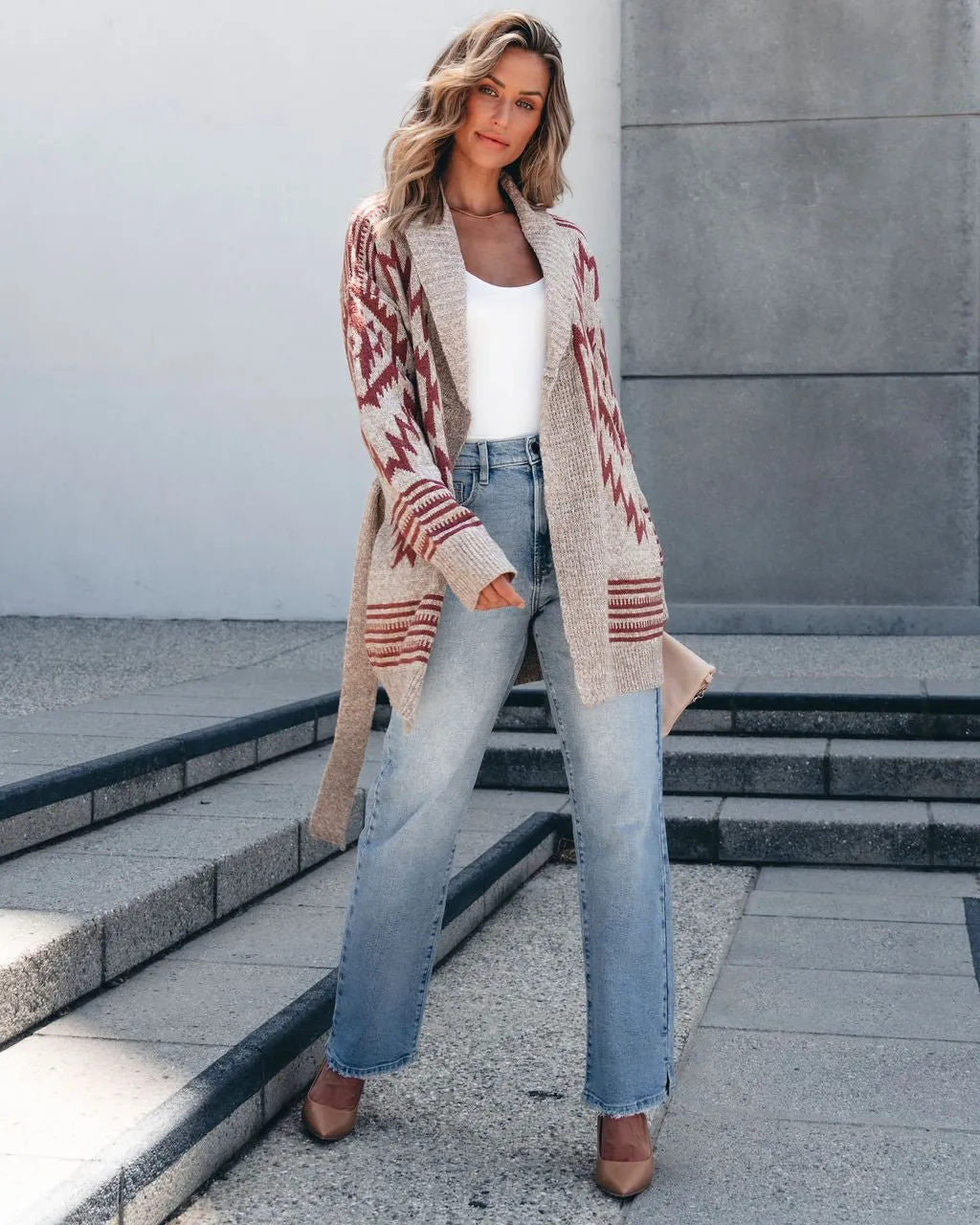 Taupe Aztec Belted Cardigan