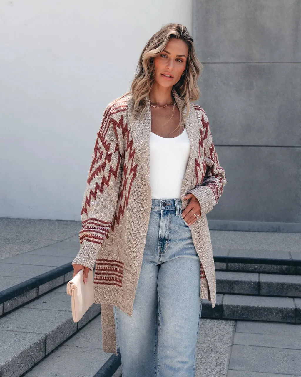 Taupe Aztec Belted Cardigan